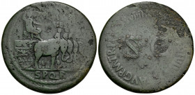 Divus Vespasian, died 79. Sestertius (Orichalcum, 34.5 mm, 20.55 g, 6 h), struck under Titus, Rome. DIVO AVG VESPAS / SPQR Seated statue of Divus Vesp...