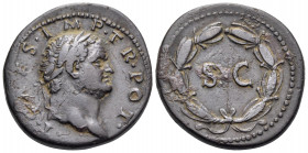 Titus, As Caesar, 69-81. Semis (Orichalcum, 22 mm, 6.60 g, 6 h), struck under Vespasian, Rome, for use in Syria, 74. T CAES IMP TR POT Laureate head o...