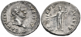 Domitian, as Caesar, 69-81. Denarius (Silver, 19 mm, 3.11 g, 6 h), struck under Vespasian, Rom, 77-78. CAESAR AVG F DOMITIANVS Laureate head of Domiti...