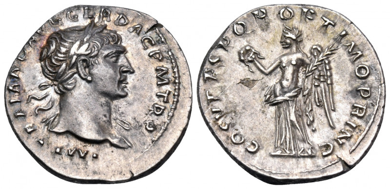 Trajan, 98-117. Denarius (Silver, 19 mm, 3.18 g, 6 h), Rome, 107-108. IMP TRAIAN...