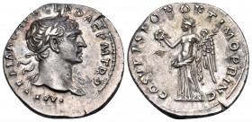 Trajan, 98-117. Denarius (Silver, 19 mm, 3.18 g, 6 h), Rome, 107-108. IMP TRAIANO AVG GER DAC P M TR P Laureate head of Trajan to right, with slight d...