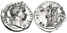Trajan, 98-117. Denarius (Silver, 18.5 mm, 3.07 g, 8 h), Rome, 107-108. IMP TRAIANO AVG GER DAC P M TR P Laureate head of Trajan to right, with slight...
