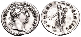 Trajan, 98-117. Denarius (Silver, 18 mm, 3.33 g, 7 h), Rome, c. 103-107. IMP TRAIANO AVG GER DAC P M TR P COS V P P Laureate head of Trajan to right. ...