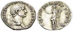 Trajan, 98-117. Denarius (Silver, 20 mm, 3.29 g, 6 h), Rome, c. 114-116. IMP CAES NER TRAIANO OPTIMO AVG GER DAC Laureate and draped bust of Trajan to...