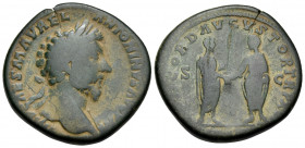 Marcus Aurelius, 161-180. Sestertius (Orichalcum, 31 mm, 23.63 g, 12 h), Rome, 161. IMP CAES M AVREL ANTONINVS AVG P M Laureate bust of Marcus Aureliu...