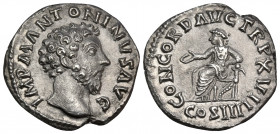 Marcus Aurelius, 161-180. Denarius (Silver, 18 mm, 2.78 g, 12 h), Rome, 162-163. IMP M ANTONINVS AVG Laureate head of Marcus Aurelius to right. Rev. C...