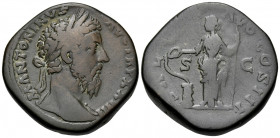Marcus Aurelius, 161-180. Sestertius (Orichalcum, 30 mm, 24.16 g, 6 h), Rome, 169-170. M ANTONINVS AVG TR P XXIIII Laureate head of Marcus Aurelius to...