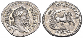 Septimius Severus, 193-211. Denarius (Silver, 20 mm, 3.78 g, 6 h), Rome, 206. SEVERVS PIVS AVG Laureate head of Septimius Severus to right. Rev. VICTO...