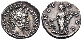 Septimius Severus, 193-211. Denarius (Silver, 17 mm, 3.63 g, 1 h), Emesa, 194-195. IMP CAE L SEP SEV PERT AVG COS II Laureate head of Septimius Severu...