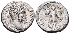 Septimius Severus, AD 193-211. Denarius (Silver, 16.5 mm, 3.51 g, 6 h), Emesa, 194-195. IMP CAE L SEP SEV PERT AVG COS II Laureate and bearded head of...