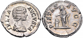 Julia Domna, Augusta, 193-217. Denarius (Silver, 19 mm, 3.26 g, 6 h), struck under Septimius Severus, Rome, c. 200-207. IVLIA AVGVSTA Draped bust of J...