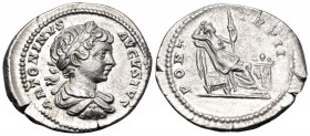 Caracalla, 198-217. Denarius (Silver, 21 mm, 3.07 g, 1 h), Rome, 199. ANTONINVS AVGVSTVS. Rev. PONT TR P II Securitas seated right before altar, suppo...