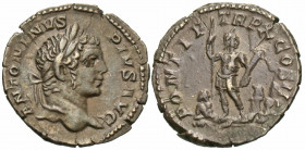 Caracalla, 198-217. Denarius (Silver, 19 mm, 3.38 g, 12 h), Rome, 207. ANTONINVS PIVS AVG Laureate head of Caracalla to right. Rev. PONTIF TR P X COS ...