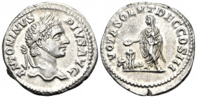 Caracalla, 198-217. Denarius (Silver, 20 mm, 3.37 g, 6 h), Rome. ANTONINVS PIVS AVG Laureate head of Caracalla to right. Rev. VOTA SOLVT DEC COS III C...