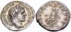 Caracalla, 198-217. Denarius (Silver, 18.5 mm, 3.67 g, 1 h), Rome, 212. ANTONINVS PIVS AVG BRIT Laureate head of Caracalla to right. Rev. INDVLG FECVN...