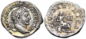 Caracalla, 198-217. Denarius (Silver, 20 mm, 3.15 g, 7 h), Rome, 216-217. ANTONINVS PIVS AVG GERM Laureate head of Caracalla to right. Rev. VICT PARTH...