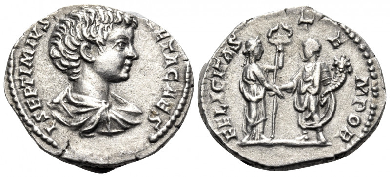 Geta, as Caesar, 198-209. Denarius (Silver, 18 mm, 3.20 g, 6 h), Rome, 198. L SE...