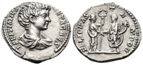 Geta, as Caesar, 198-209. Denarius (Silver, 18 mm, 3.20 g, 6 h), Rome, 198. L SEPTIMIVS GETA CAES Bare-headed and draped bust of Geta to right. Rev. F...