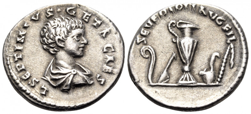 Geta, as Caesar, 198-209. Denarius (Silver, 19 mm, 3.54 g, 1 h), Laodicea, c. 19...