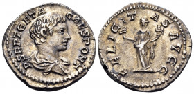 Geta, as Caesar, 198-209. Denarius (Silver, 18 mm, 3.07 g, 12 h), Rome, 200-202. P SEPT GETA CAES PONT Bare-headed and draped bust of Geta to right. R...