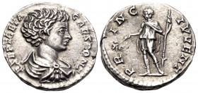 Geta, as Caesar, 198-209. Denarius (Silver, 17 mm, 3.39 g, 12 h), Rome, 200-202. L SEPT GETA CAES PONT Bare-headed and draped bust of Geta to right. R...