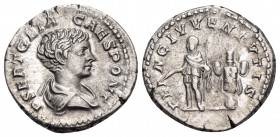 Geta, as Caesar, 198-209. Denarius (Silver, 18.5 mm, 3.61 g, 12 h), Rome, 200-202. P SEPT GETA CAES PONT Bareheaded and draped bust of Geta to right. ...