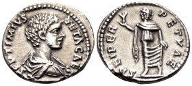 Geta, as Caesar, 198-209. Denarius (Silver, 19 mm, 3.72 g, 12 h), Rome, 198. L SEPTIMIVS GETA CAES Bare-headed, draped and cuirassed bust of Geta to r...