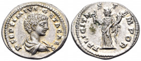 Geta, as Caesar, 198-209. Denarius (Silver, 20 mm, 3.64 g, 1 h), Laodicea, 198. P SEPTIMIVS GETA CAES Bare-headed and draped bust of Geta to right. Re...