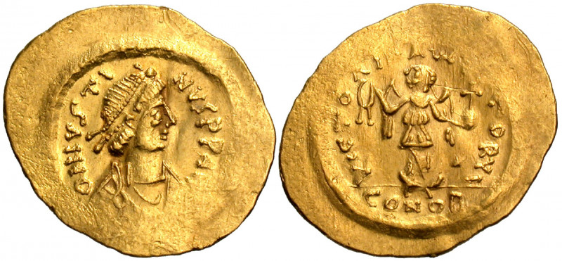 Justin I, 518-527. Tremissis (Gold, 17 mm, 1.48 g, 6 h), Constantinople. D N IVS...