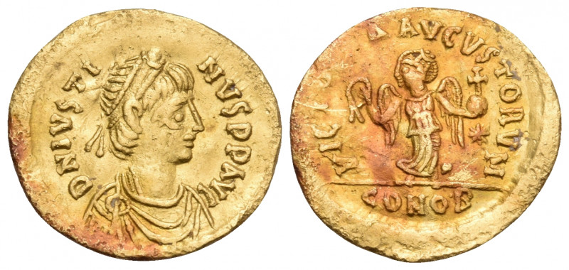 Justin I, 518-527. Tremissis (Gold, 15 mm, 1.41 g, 6 h), Constantinople. D N IVS...