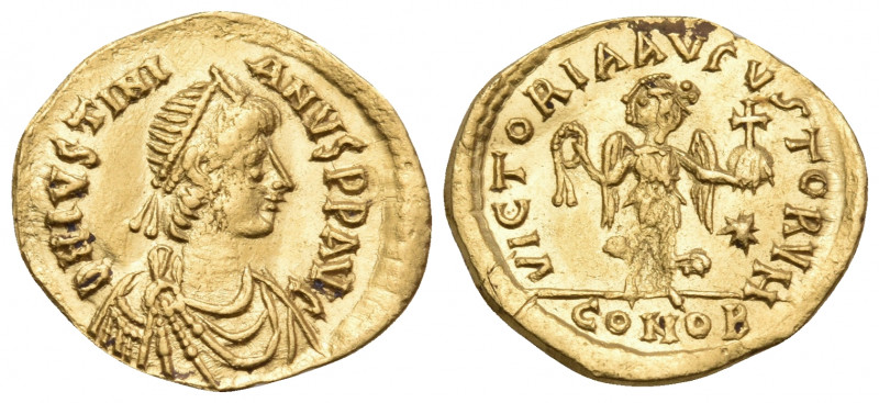 Justinian I, 527-565. Tremissis (Gold, 15.5 mm, 1.19 g, 6 h), Constantinople. D ...