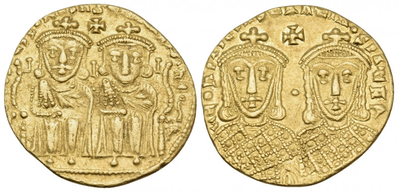 Constantine VI, with Leo III, Constantine V, and Leo IV, 780-797. Solidus (Gold,...