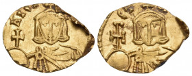 Nicephorus I, with Stauracius, 802-811. Semissis (Gold, 17 mm, 1.74 g, 6 h), Syracuse, 803-810. hICIFOROS b Crowned facing bust of Nicephorus, wearing...