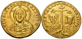 Constantine VII Porphyrogenitus, with Romanus II, 913-959. Solidus (Gold, 19 mm, 4.15 g, 6 h), Constantinople, 950-955. +IhS XPS REX REςNANTIЧM Facing...
