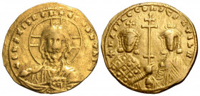 Basil II Bulgaroktonos, with Constantine VIII, 976-1025. Solidus (Gold, 22 mm, 4.07 g, 6 h), Constantinople, 977-989. +IhS XPS REX RGENANTIЧM Facing b...