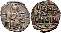 Anonymous Folles, time of Constantine IX, circa 1042-1055. Follis (Bronze, 29.5 mm, 8.57 g, 6 h), Class D, Constantinople. IC XC Christ Pantokrator se...