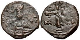 Nicephorus Basilacius, usurper, 1078. Follis (Bronze, 23 mm, 6.72 g, 12 h). IC - XC Nimbate facing bust of Christ Pantokrator. Rev. C - B / (NH) - KΦ ...