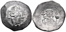 Alexius I Comnenus, 1081-1118. Aspron Trachy (Billon, 25 mm, 4.40 g, 5 h), Constantinople. IC - XC Christ enthroned facing on square-backed throne, ho...