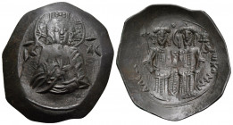 Alexius III Angelus-Comnenus, 1195-1203. Trachy (Bronze, 27 mm, 2.88 g, 6 h), Constantinople, 1195-1197. Bust of Christ Pantocrator facing, raising ri...