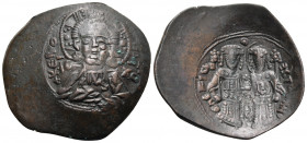 Alexius III Angelus-Comnenus, 1195-1203. Aspron Trachy (Bronze, 26 mm, 3.66 g, 6 h), Constantinople. KЄ ROHΘЄI / IC - XC Bust of Christ Pantocrator fa...
