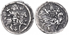 Alexius II, emperor of Trebizond, 1297-1330. Asper (Silver, 20 mm, 2.23 g, 6 h). St. Eugenius seated right on horse; M above horse's head, single pell...