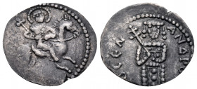 Andronicus IV Palaeologus, usurper, 1376-1379. Basilikon (Silver, 9 mm, 0.61 g, 12 h), Constantinople. Uncertain saint on horseback right, holding cru...