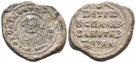 BYZANTINE SEALS. Petros, Protonotarios of Thrace? and Imperial Spatharios, Circa 10th century. Seal or Bulla (Lead, 25 mm, 12.37 g, 12 h). KE ROHΘH TΩ...
