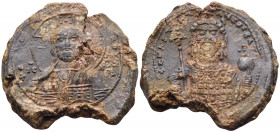 BYZANTINE SEALS. Imperial. Constantine IX Monomachus, 1042-1055. Seal or Bulla (Lead, 34 mm, 32.46 g, 12 h). +ΕΜΜΑ-ΝΟΥΗΛ Draped bust of Christ Pantokr...