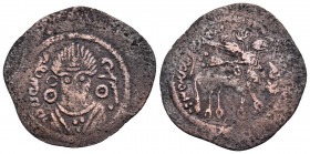 ISLAMIC, Time of the Rashidun. Khosrau type. Early Pre-Reform. Pashiz (Copper, 20 mm, 1.10 g, 9 h), Bishapur. Facing bust. Rev. Crowned human-headed b...