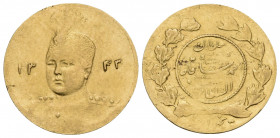 IRAN, Qajars. Ahmad Shah, AH 1327-1344 / AD 1909-1925. (Gold, 17 mm, 1.39 g, 6 h), dated 1343/33. Uniformed bust of Ahmad Shah slightly to left dividi...