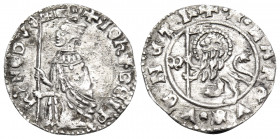 ITALY. Venice. Giovanni Delfino, 1356-1361. Soldino (Silver, 15 mm, 0.48 g, 2 h), 57th Doge. + •IOhS • DELP-hYNO• DVX Doge kneeling left, holding bann...
