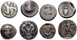 GREEK. 5th-3rd centuries BC. (Silver, 37.15 g). A lot of Four (4) silver issues. Includes a stater of Thasos, a stater from Thebes, a didrachm from Rh...