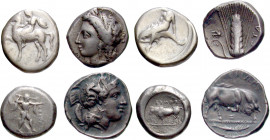 GREEK. 5th-3rd centuries BC. (Silver, 30.87 g). Rev. A lot of Four (4) silver nomoi from Southern Italy. Includes issues from Tarentum, Metapontum, Po...