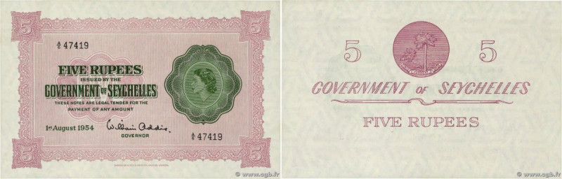 Country : SEYCHELLES 
Face Value : 5 Rupees  
Date : 01 août 1954 
Period/Provin...